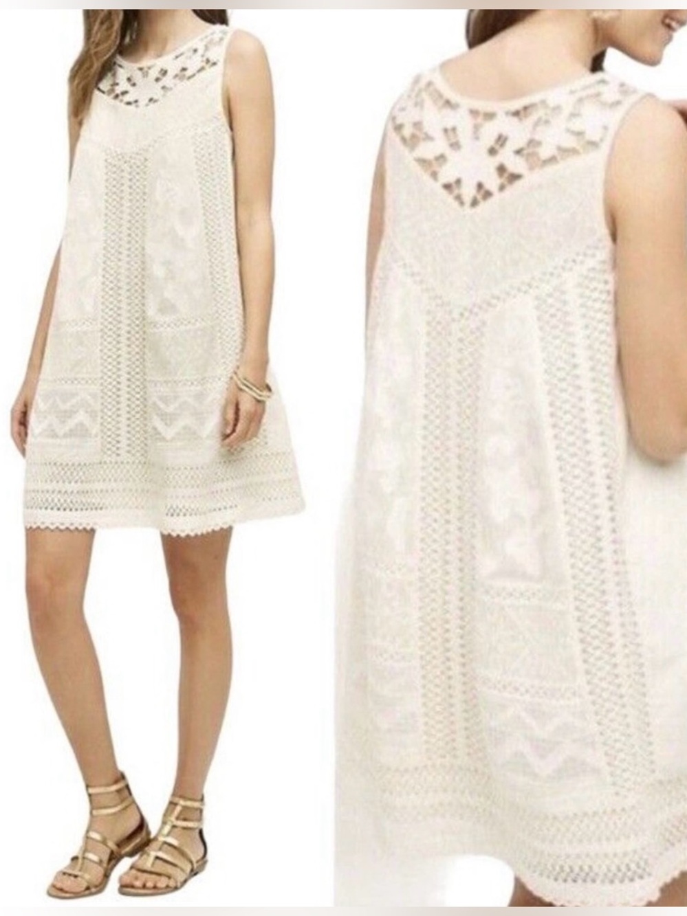 Anthropologie Vanessa Virginia Dress Cream cottonwood Swing Tunic Lace 8